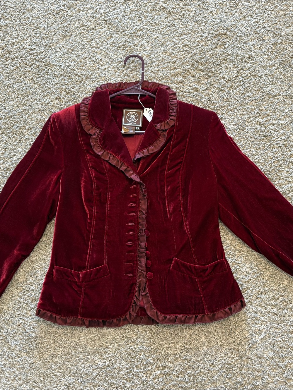Double D Ranch Burgundy Velvet Ruffle-Trim Blazer